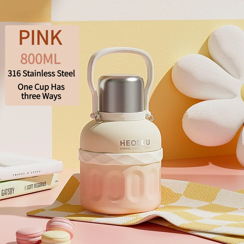 (rosa, 800ml) Garrafa Térmica Em Aço Inoxidável Com Alça Portátil, Adequada Para Uso Externo.