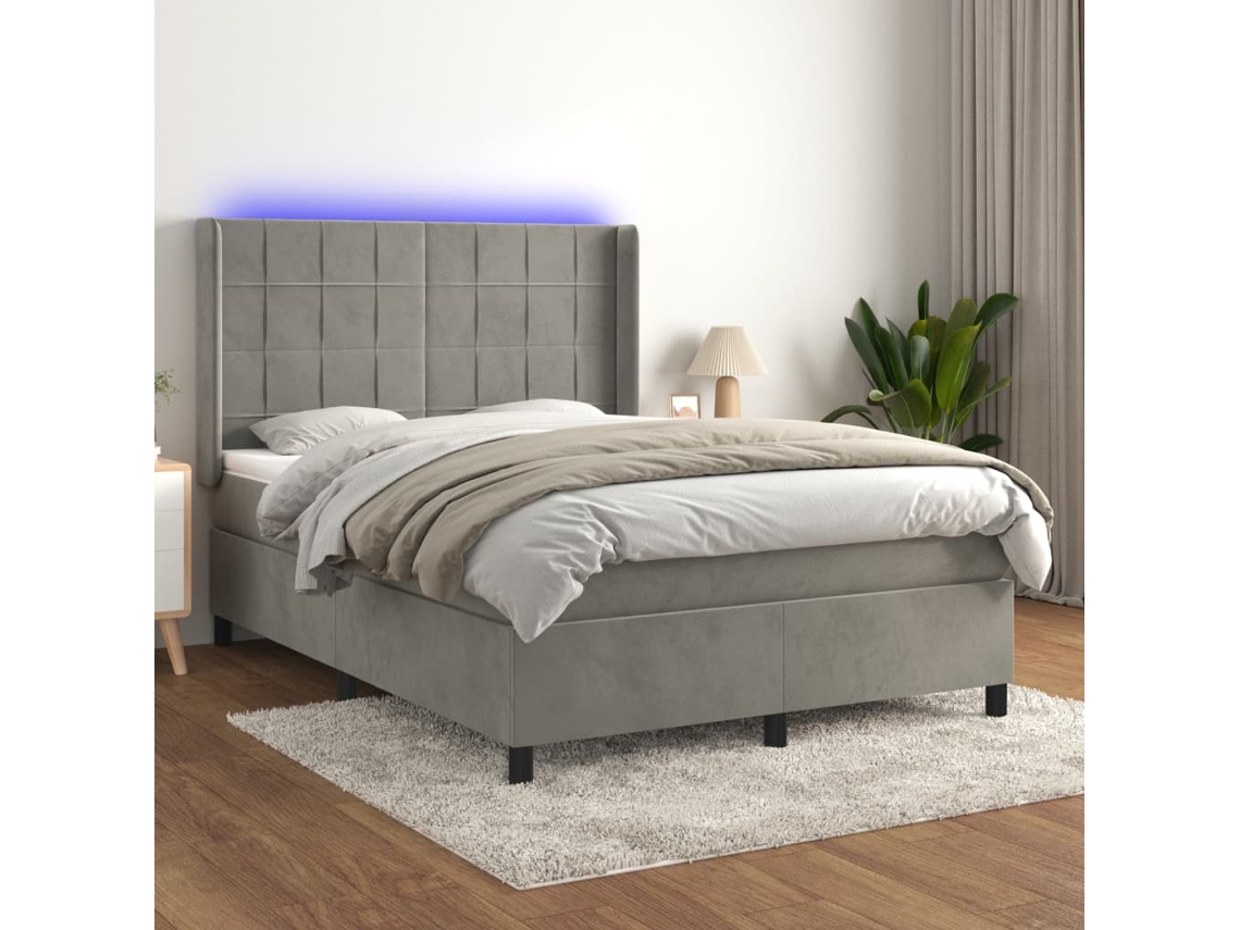 Vidaxl Cama Box Spring C/ Colchão/led 140x190 Cm Veludo Cinzento