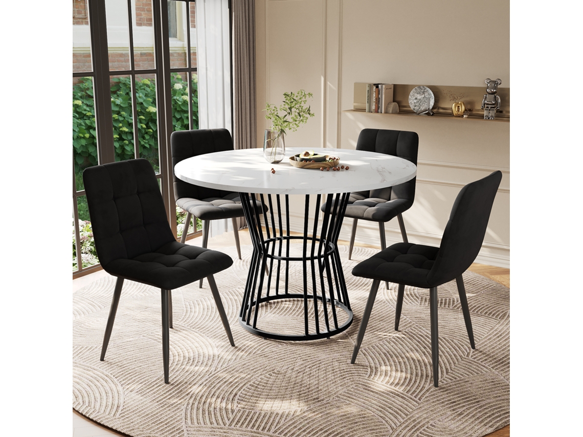 Conjunto de sala de jantar de 5 peças, 100 cm - Mesa redonda em metal com cadeiras em veludo - Preto