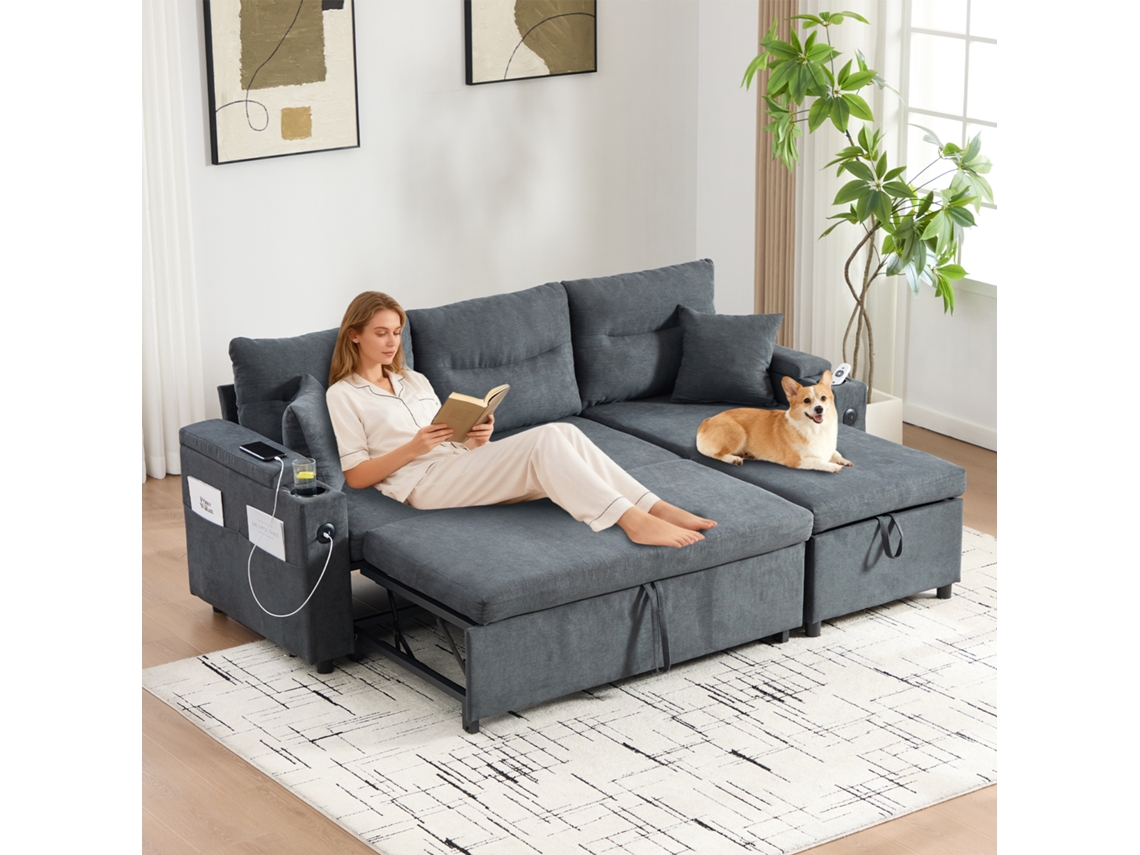Sofá 3 Lugares Linho, Armazenamento, Porta-copos, Usb-c. Chaise Hidráulica E Cama Com Gavetas – Design Une Conforto E Acolhimento.