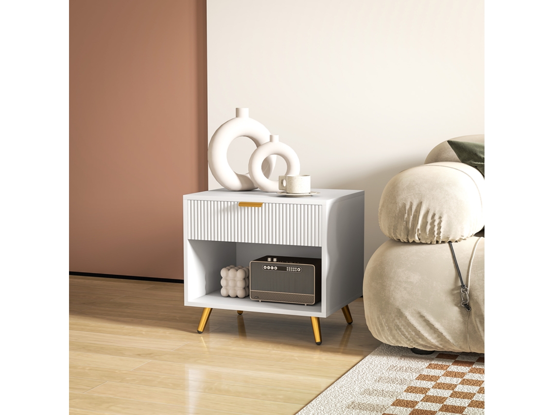 Mesa De Cabeceira Moderna Com Gaveta Puxador Dourado E Compartimento Aberto 50x40x47 Cm Branco