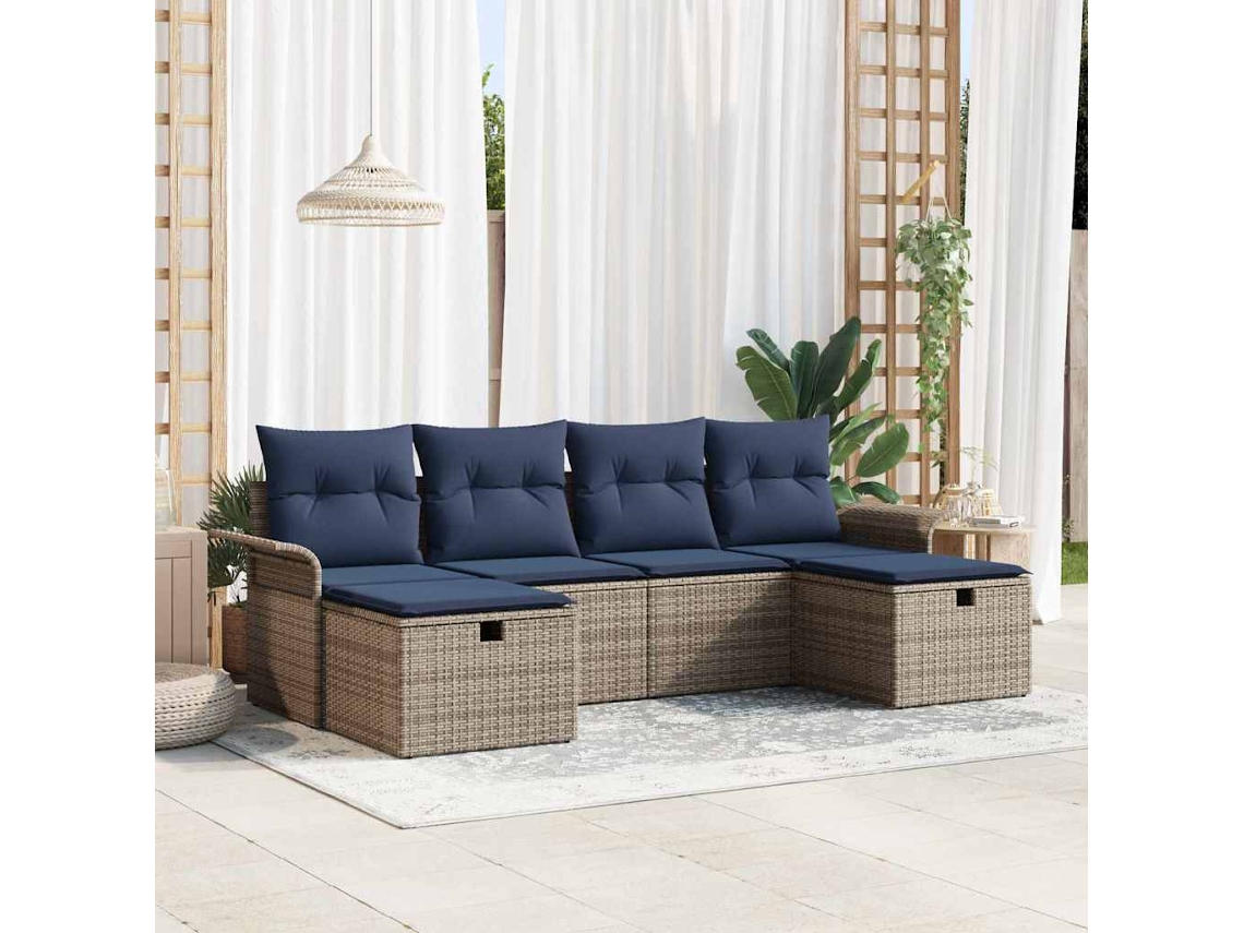 Vidaxl Conjunto De Sofá De Jardim 6 Pcs Cinza E Azul Marinho Vime Pe