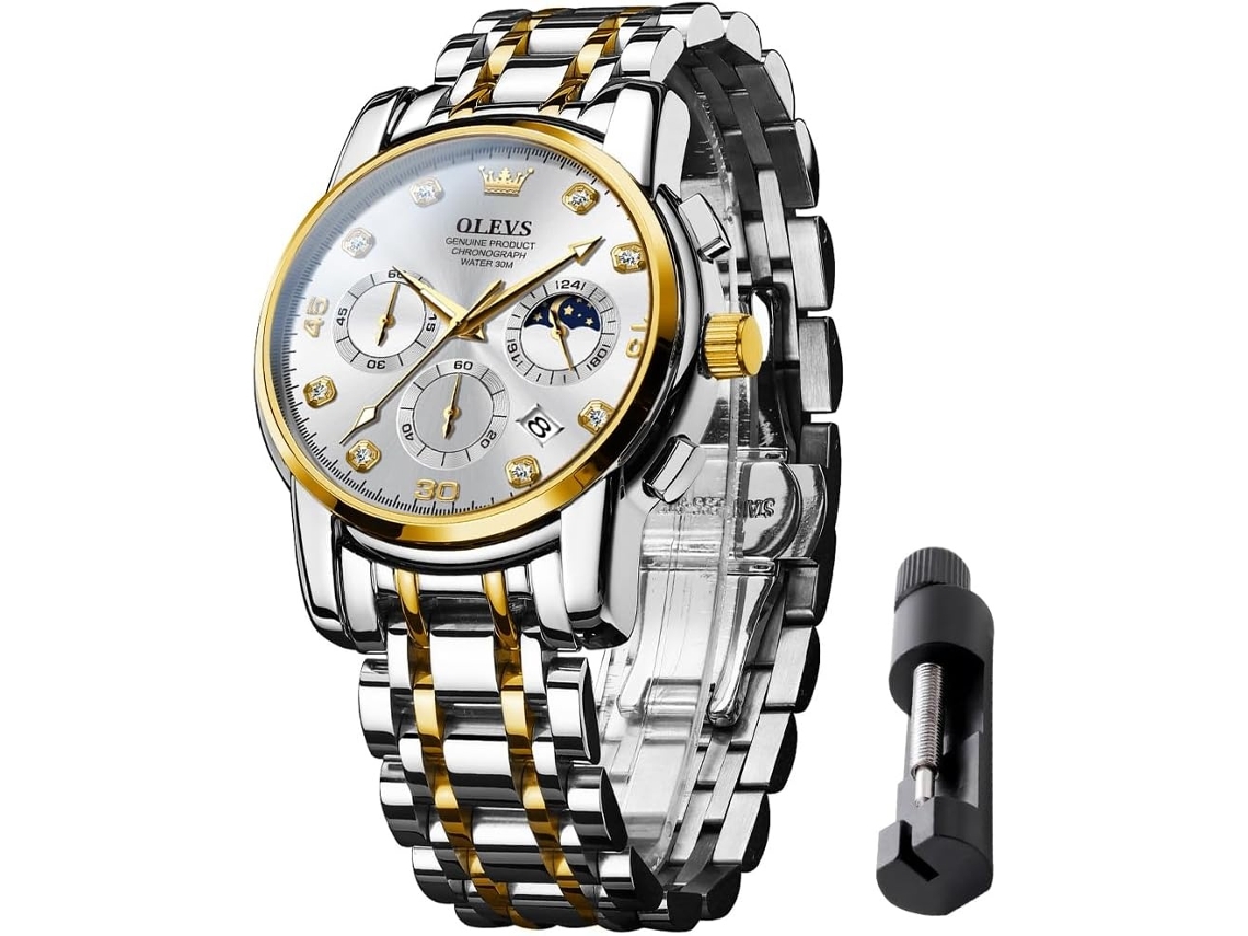 Lurelia Relógio Cronógrafo Masculino, Movimento De Quartzo, Data/calendário, Luminoso, Detalhes Com Strass, Aço Inoxidável, Pele, Branco, Dourado