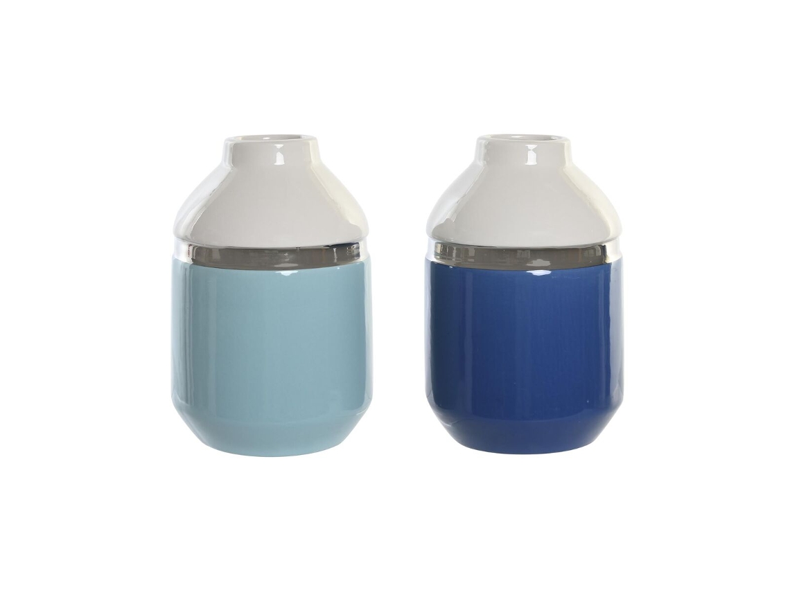 Vaso Dkd Home Decor Prateado Branco Azul Celeste Azul Marinho Grés 12 X 12 X 18,5 Cm 2 Unidades