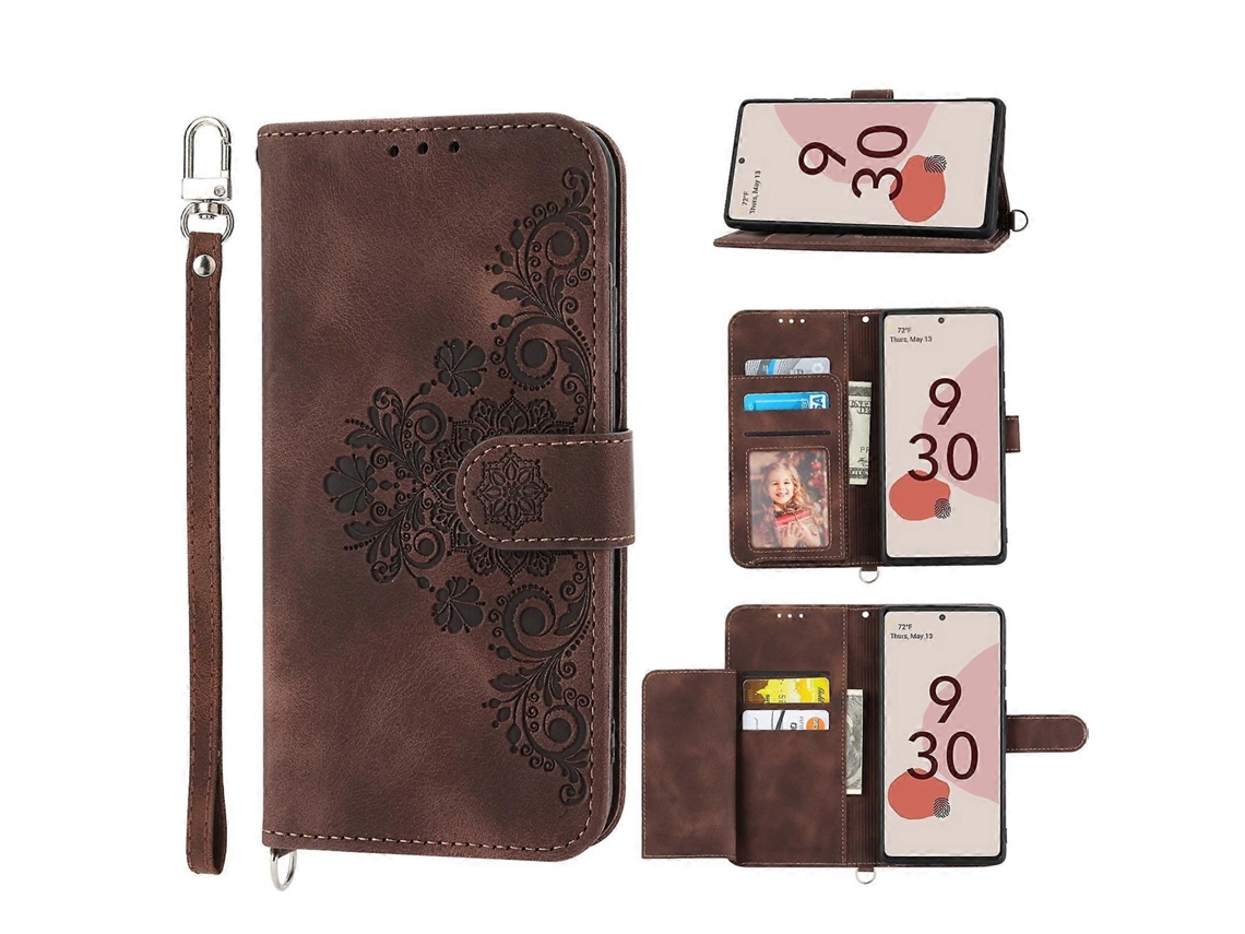 Capa De Couro Tipo Carteira Com Estampa De Flores E Relevo Para Google Pixel 7 5g