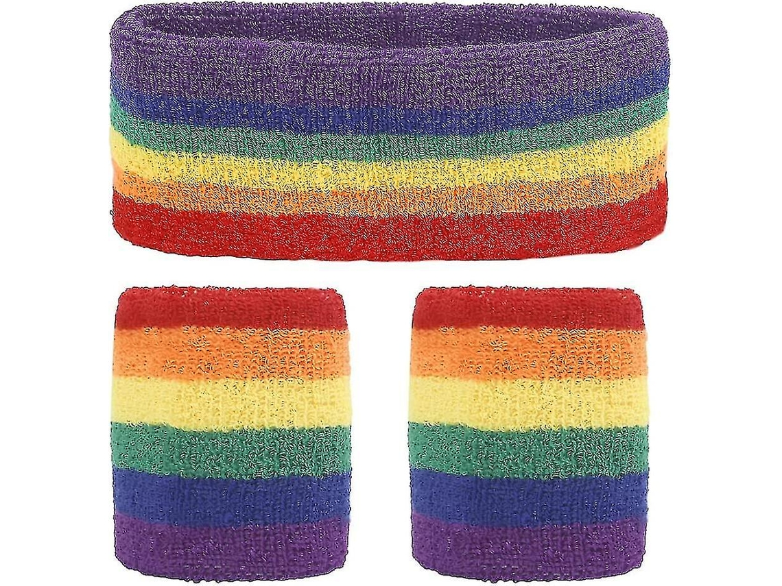 Conjunto De Muñequeras A Rayas Para El Sudor, Incluye Diadema Deportiva Y Muñequera, Diadema Arcoíris Para Hombres Y Mujeres Brilvibera (3 Piezas)