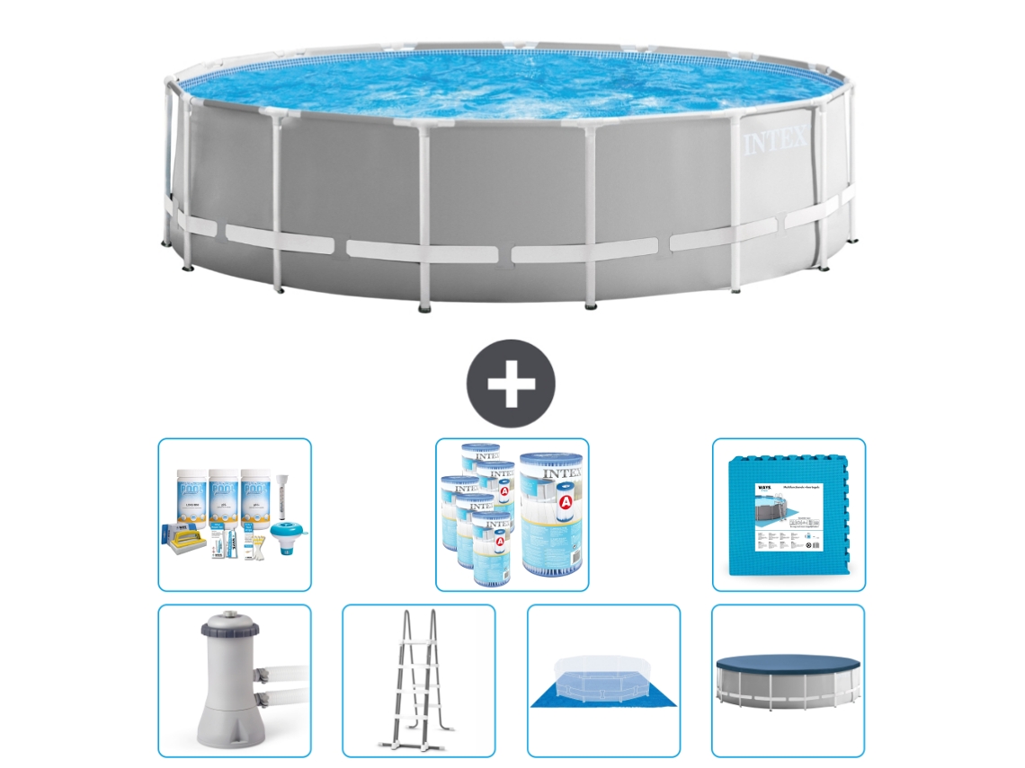 Piscina INTEX Round Prism Frame 457 X 122 Cm Cinza Inclui Bomba Escada Lençol Cobertura Pacote de Manutenção Filtros Ladrilhos