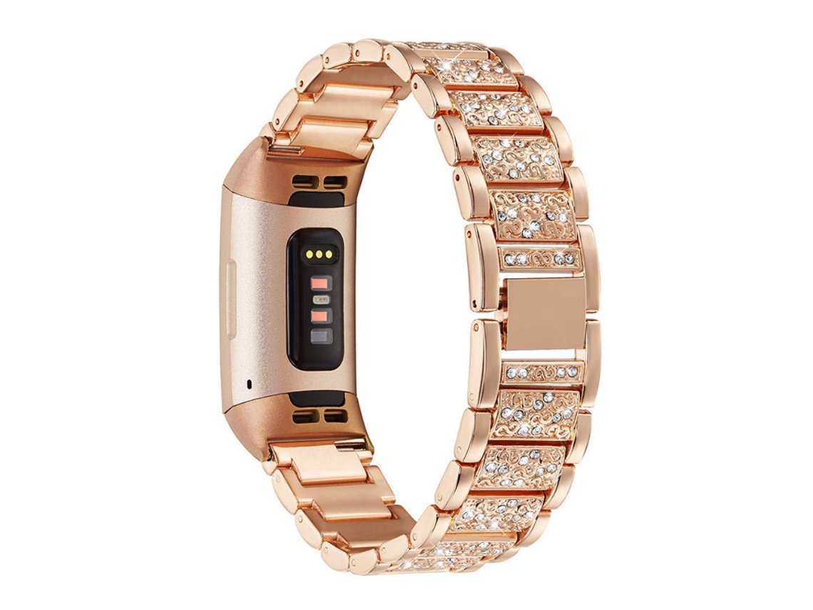 Bracelete de Aço Inoxidável Corrente de Strass para Fitbit Charge 3/4 Ouro Rosa