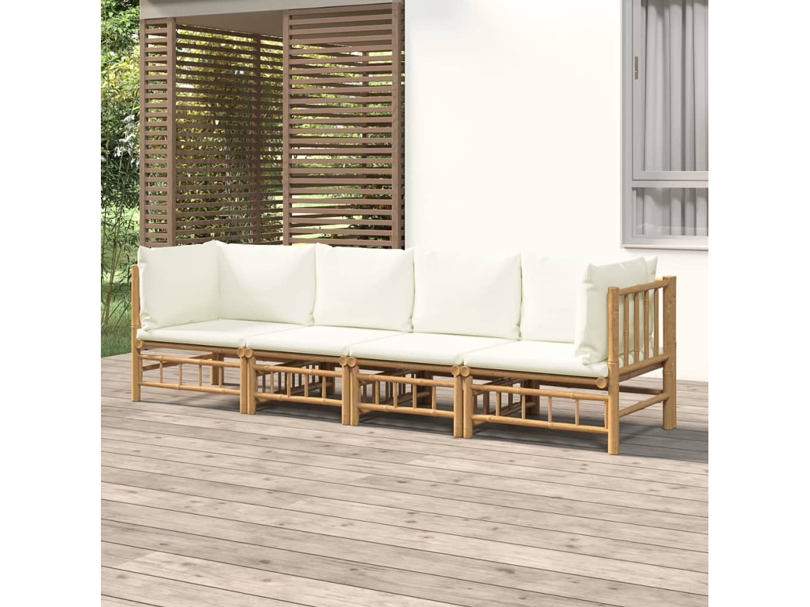 Vidaxl 4 Pcs Conjunto Lounge De Jardim Bambu C/ Almofadões Branco Nata
