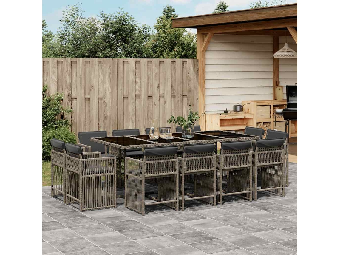 13 Pcs Conjunto Jantar P/ Jardim C/ Almofadões Vime Pe Cinza Dkd Home Decor
