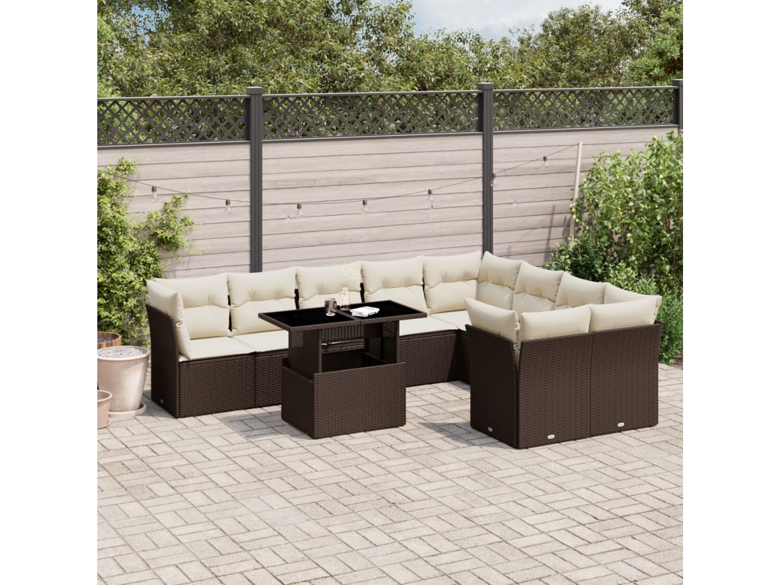 Vidaxl 10 Pcs Conj. Sofás Jardim com Almofadões Vime Pe Castanho