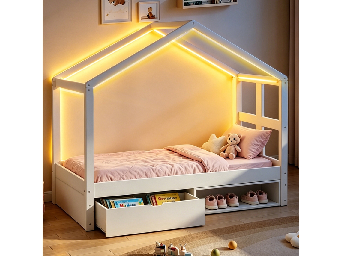 Cama Madeira 90x190 Gavetas Armário Sapatos Led Multicolor Branca