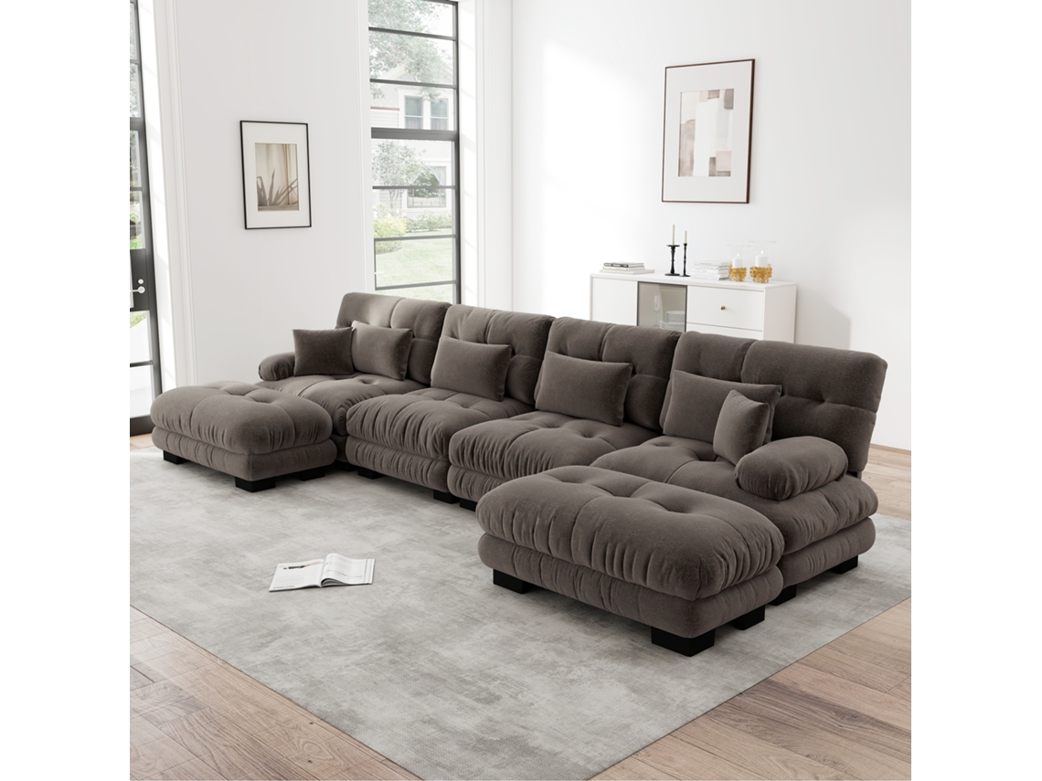 Sofá Modular De Canto U-forma 4 Lugares Confortável Com Ottomã Móvel Tecido Chenille Marrom