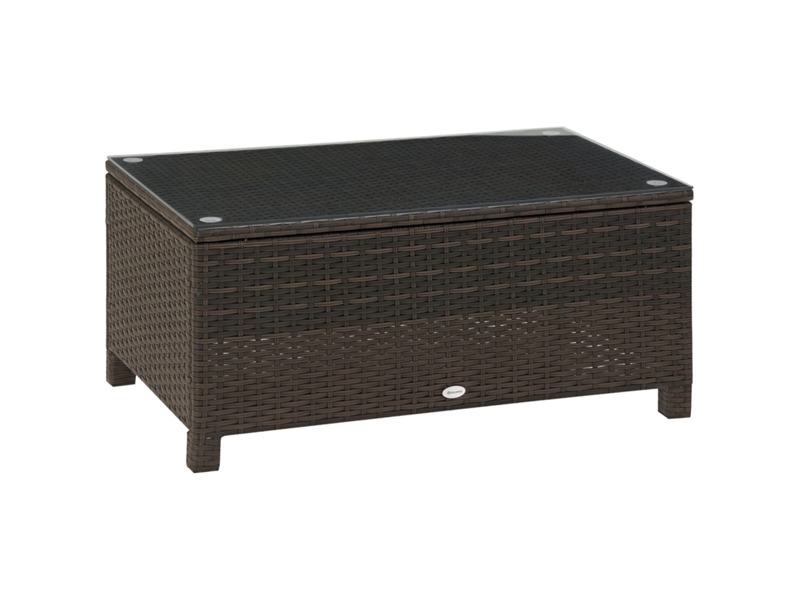 Mesa de jardim com tampa de vidro temperado 5mm e rotim trançado 85x50x39cm, máximo 50kg BTFORUS