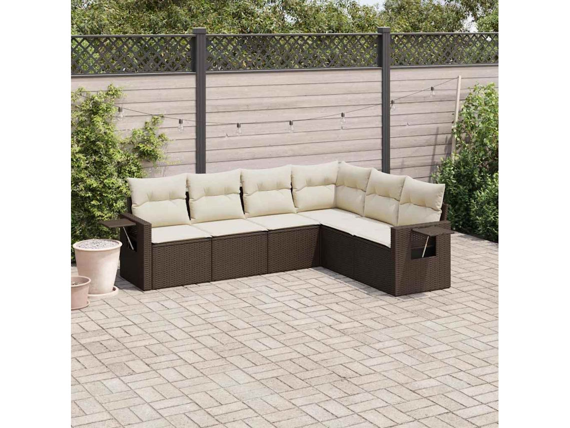 Jogo de Sofá 6 Peças Jardim C/ Almofadões Vime Pe Marrom Dkd Home Decor