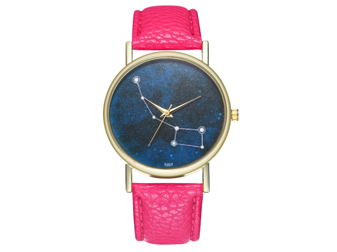 Relógio analógico de quartzo para mulheres/homens com pulseira de PU e mostrador com estrelas (vermelho/rosa)