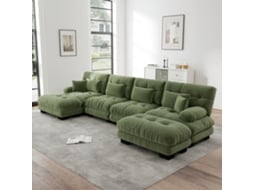 Sofá modular de 4 lugares com pufe removível em chenille verde.