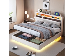 Cama Estofada 140x200 Cm, Estrado Hidráulico Flutuante Com Espaço De Arrumação, Cama Estofada Multifuncional Com Tomada Usb E Luz Led, Cabeceira Reve