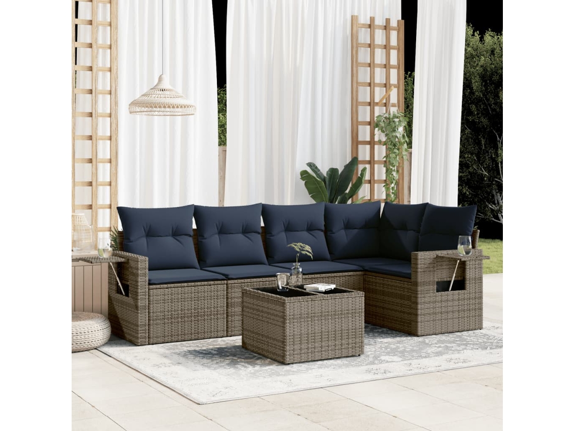 Vidaxl Conjunto De Sofá De Jardim Com 6 Peças E Almofadas Em Rattan Sintético Cinza