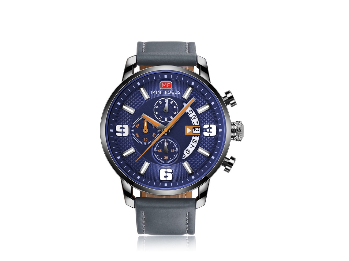 Relógio esportivo masculino de quartzo, à prova d'água, pulseira de couro, Mini Focus, cinza/azul