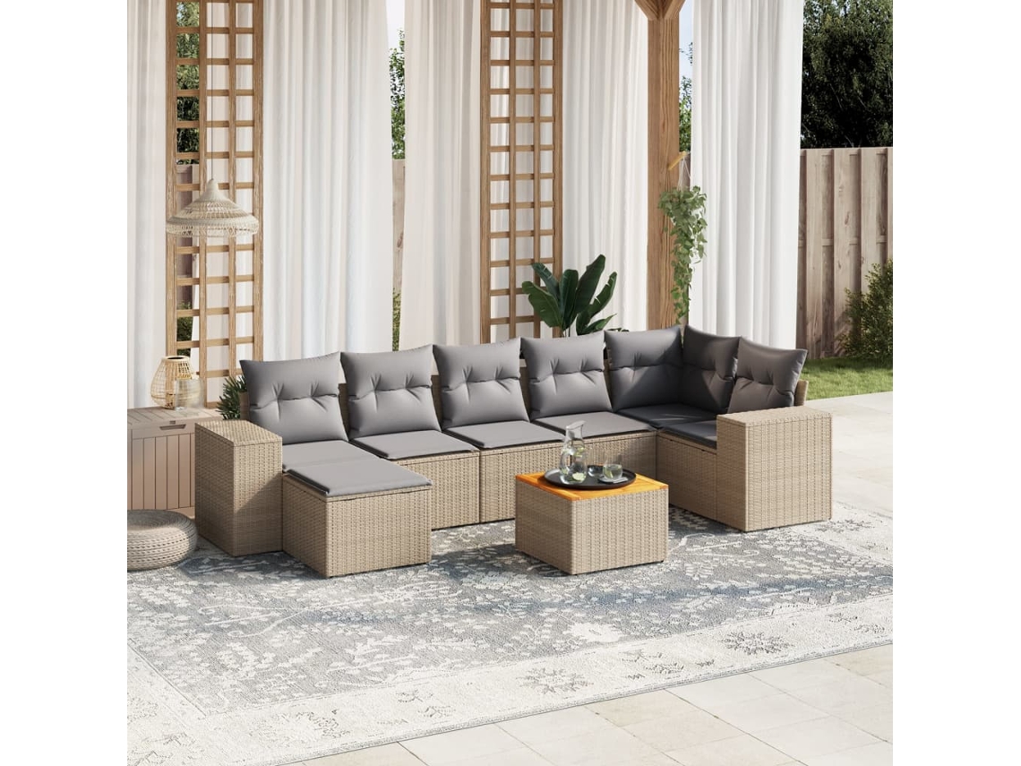 Vidaxl 8 Pcs Conjunto De Sofás P/ Jardim Com Almofadões Vime Pe Bege