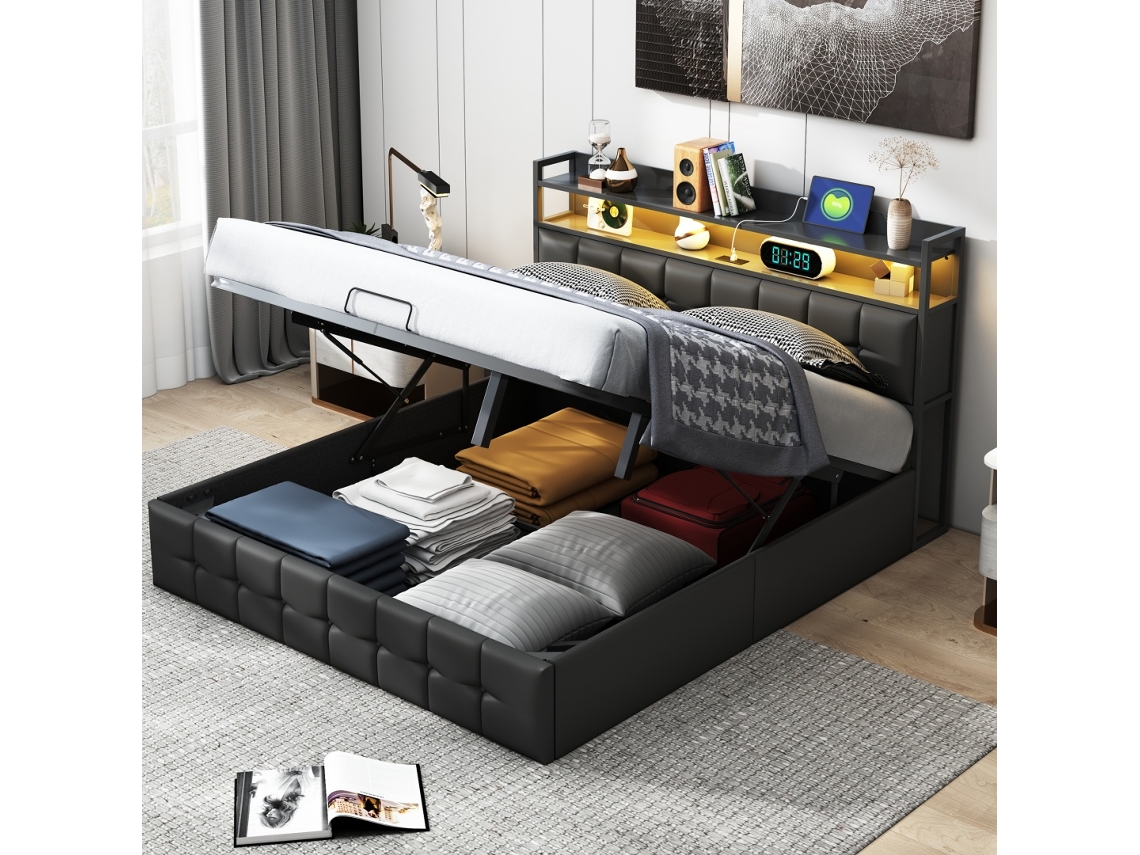 Cama Estofada 140x190cm com Led/USB, com Armazenamento, Cabeceira, Pu Preto BURSDANY