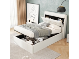 Cama de Casal VSOGA 160x200 cm em madeira, cabeceira rebatível, 2 mesas, banco, led usb, sem colchão