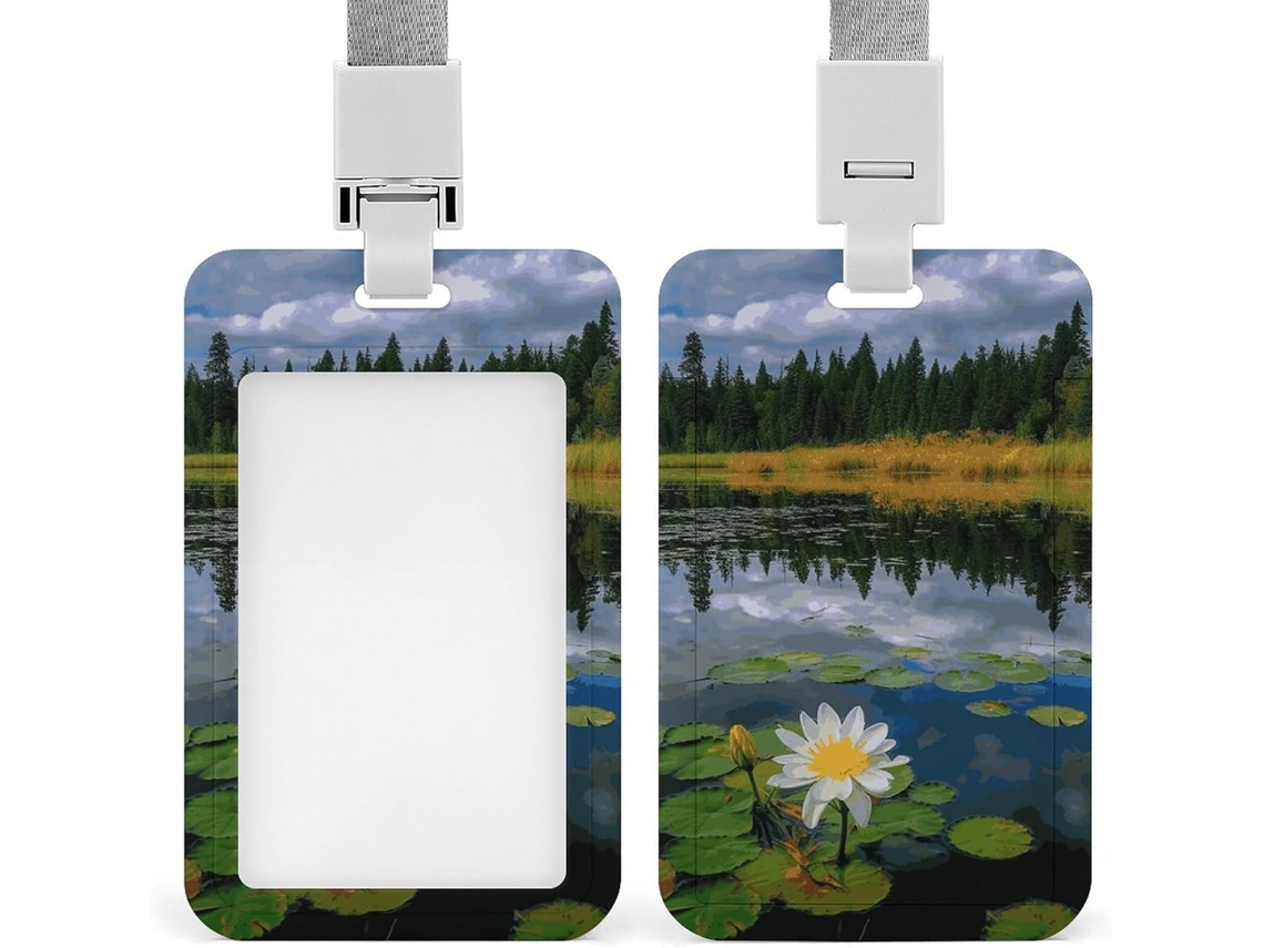 Porta Crachá Com Estampa De Flores E Lago, Protetor Vertical Com Cordão, Capa Plástica Impermeável, Estojo Crachá