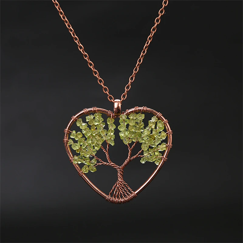 Colar Com Pingente De Coração De Cristal Para Cura Dos Chakras (verde-oliva), Pingente Da Árvore Da Vida.