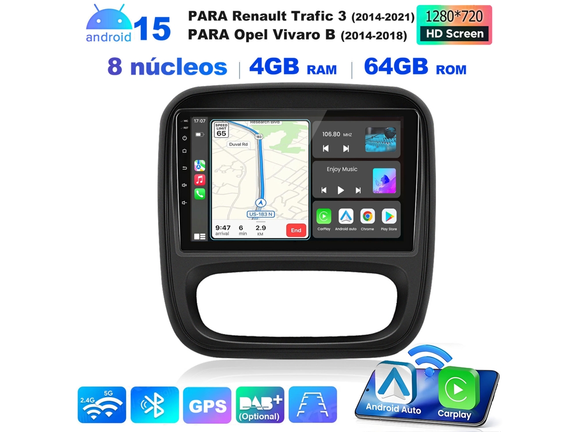 Rádio automotivo Hexinex para Renault Trafic III / Opel Vivaro B (2014-2021) 9'' Android 15 4GB+64GB GPS Bluetooth Wi-Fi