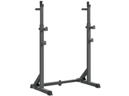 Suporte para barras de musculação com estrutura de aço ajustável em altura e largura, suporta até 150 kg, cor preta.