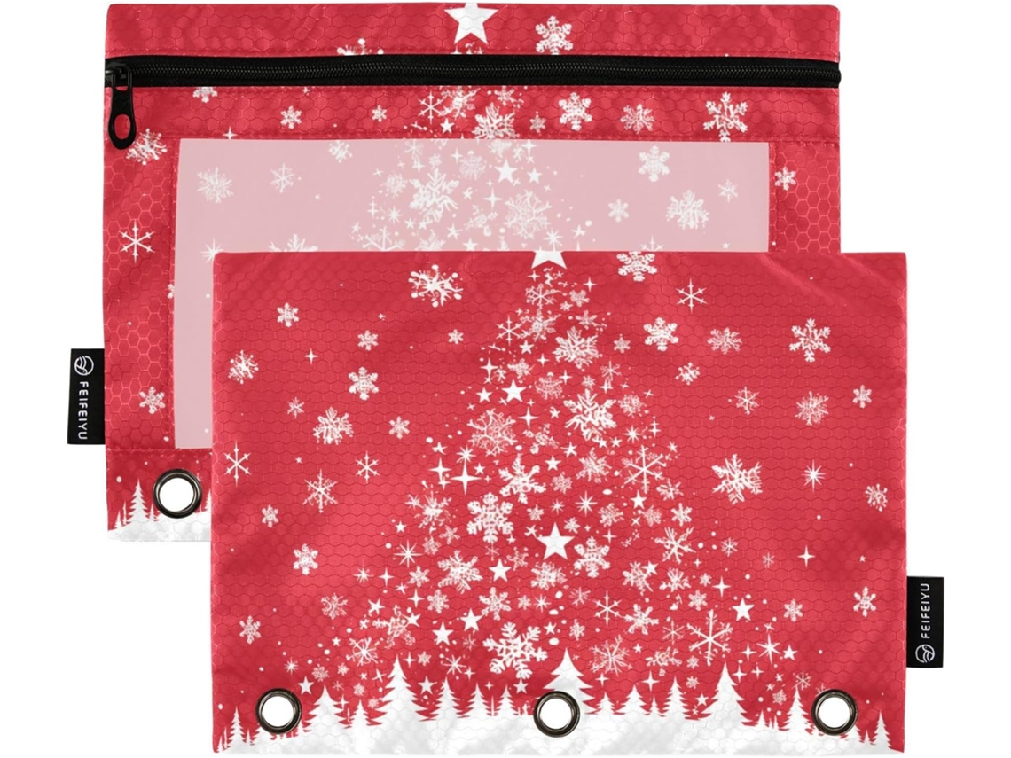 Pasta Com Estampa De Árvore Natal Vermelha, Bolso Com Janela Transparente, Estojo Grande Lápis, Pacote Com 3 Unidades