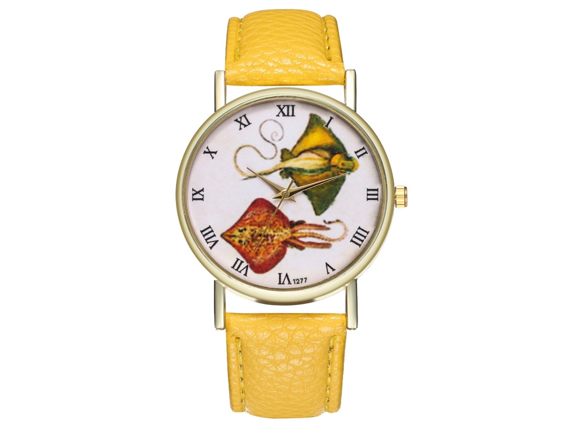 Reloj Casual De Moda Unisex De Cuarzo Con Correa De Cuero Amarillo