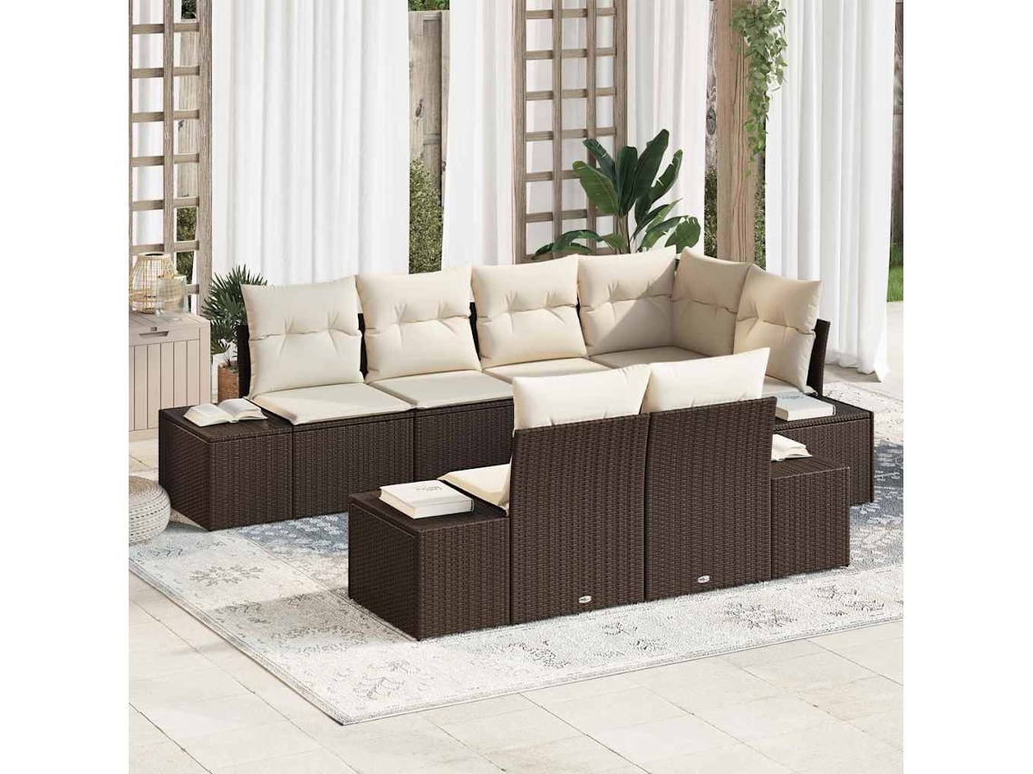 Vidaxl Conjunto De Sofá De Jardim 7 Unid. Marrom E Creme Vime Pe