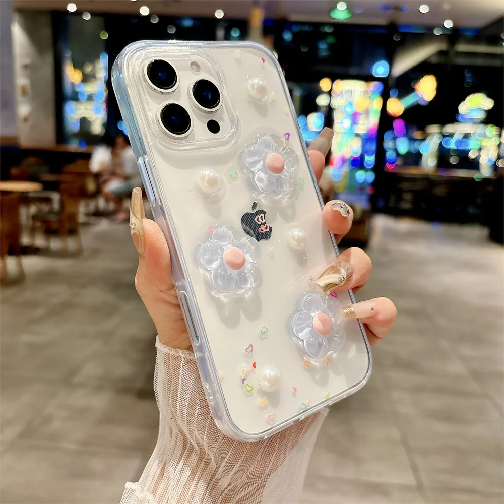 Capa Para Celular 3d Com Estampa De Flor Fofa (iphone 13 Pro Max, Azul), Compatível Com Iphone, Capa Protetora À Prova De Choque.
