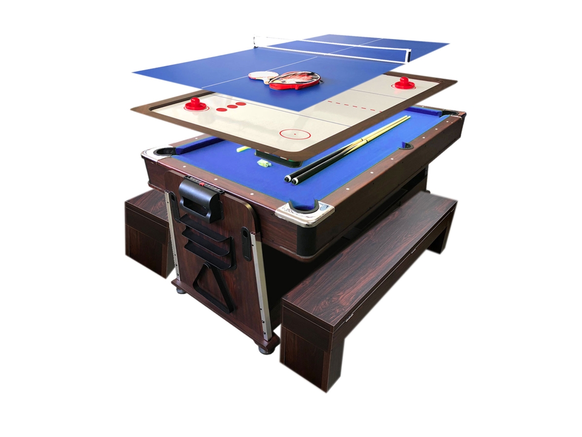Mesa de Bilhar 7 Pés Multijogo Azul Air Hockey + Ping Pong - Stark com Bancos