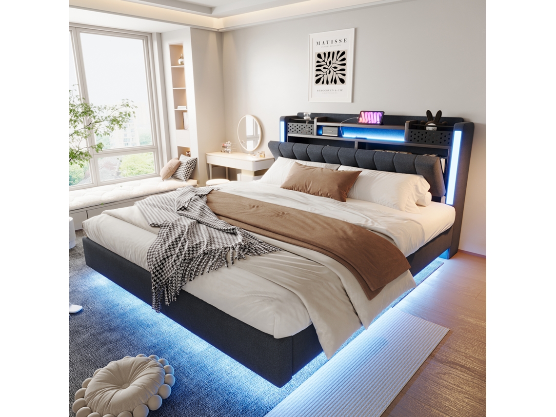 Cama Suspensa Linho Cinza 160x200 Com Led Usb E Cabeceira Moderna