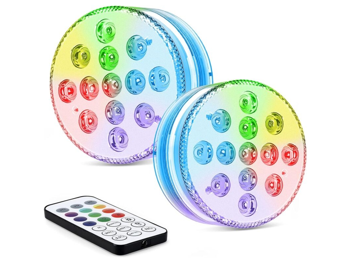 Kit com 2 Luminárias Led Submersíveis Golwof de 13 Leds 16 Cores Rgb, Classificação Ip68 de Resistência À Água e Controle Remoto BRILVIBERA