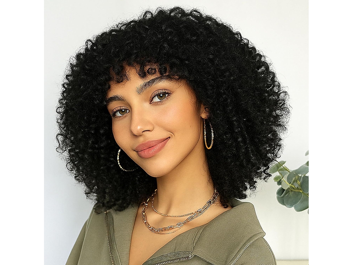 Peruca Afro Preta Feminina, Curto Cabelo Cacheado Com Frija, Peruca Fofa Ywp (preta Rede De Cabelo, 1 Peça)