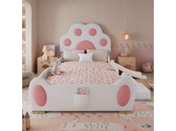 Cama Acolchoada Infantil Com Cabeceira Em Pata De Gato, Escorregador E Escada De Dois Degraus, Superfície Pu, Branca E Rosa, 90x200 Cm.