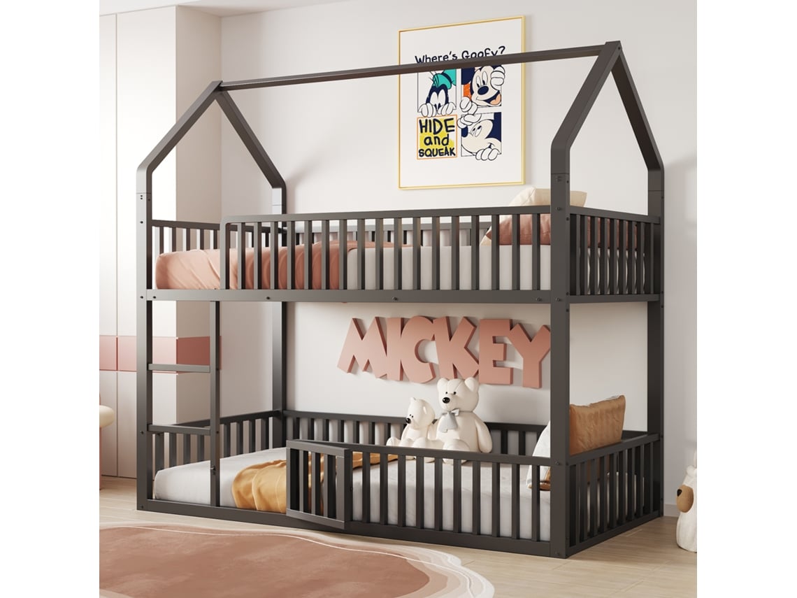 Beliche Metálico 90x200 Cm Para Crianças, Cama Dupla Loft Com Escada E Porta No Leito Inferior, Preto