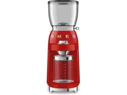 Moinho de Café SMEG CGF01PGEU (Capacidade: 130 g - 150 W - Encarnado) — Moinho de café com moinho cónico. 30 níveis de moagem. 8 Funções. e 1 Função Manual. Sistema anti estático. Funil com capacidade para 350 gr. Com sistema Twist&Lock. Jarro para 150 gr. Café moído
