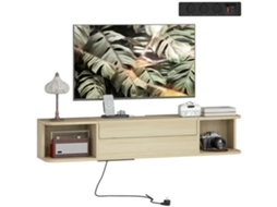 Suporte Tv Suspenso 50" C/ Gavetas + Prateleiras + Ilhós Cabo, 120x24x22,4cm, Efeito Madeira Natural