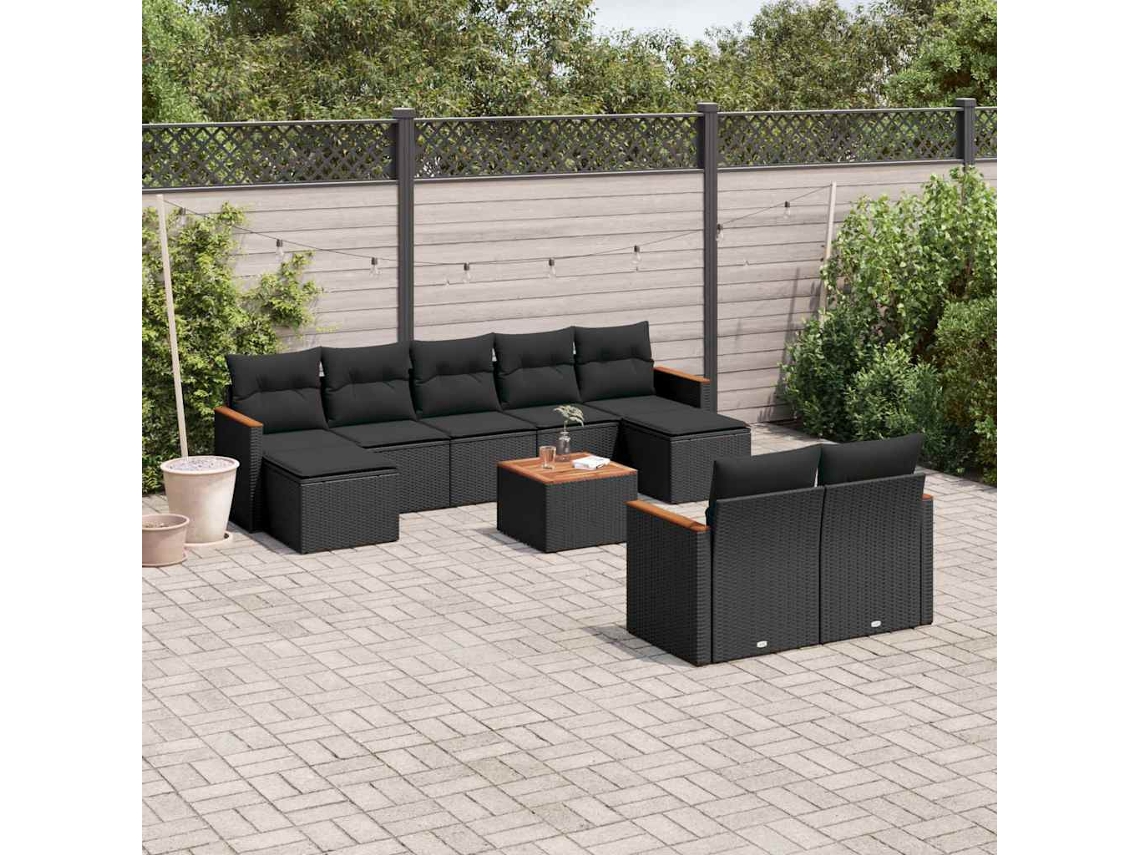 Vidaxl 10 Pcs Conjunto Sofás De Jardim C/ Almofadões Vime Pe Preto