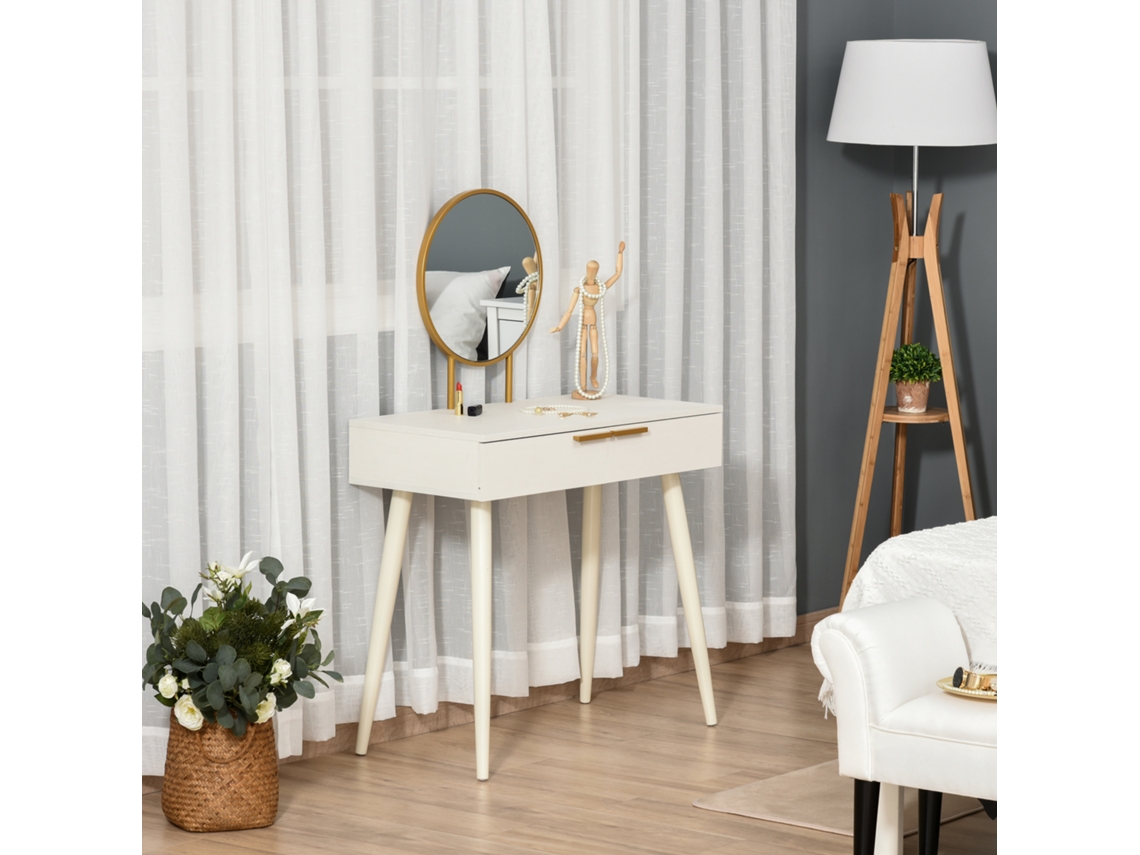 Penteadeira com Espelho Redondo Mesa de Maquiagem com 2 Gavetas, Estilo Moderno para Guarda roupa do Quarto, 80x40x123 Cm Branco Ge