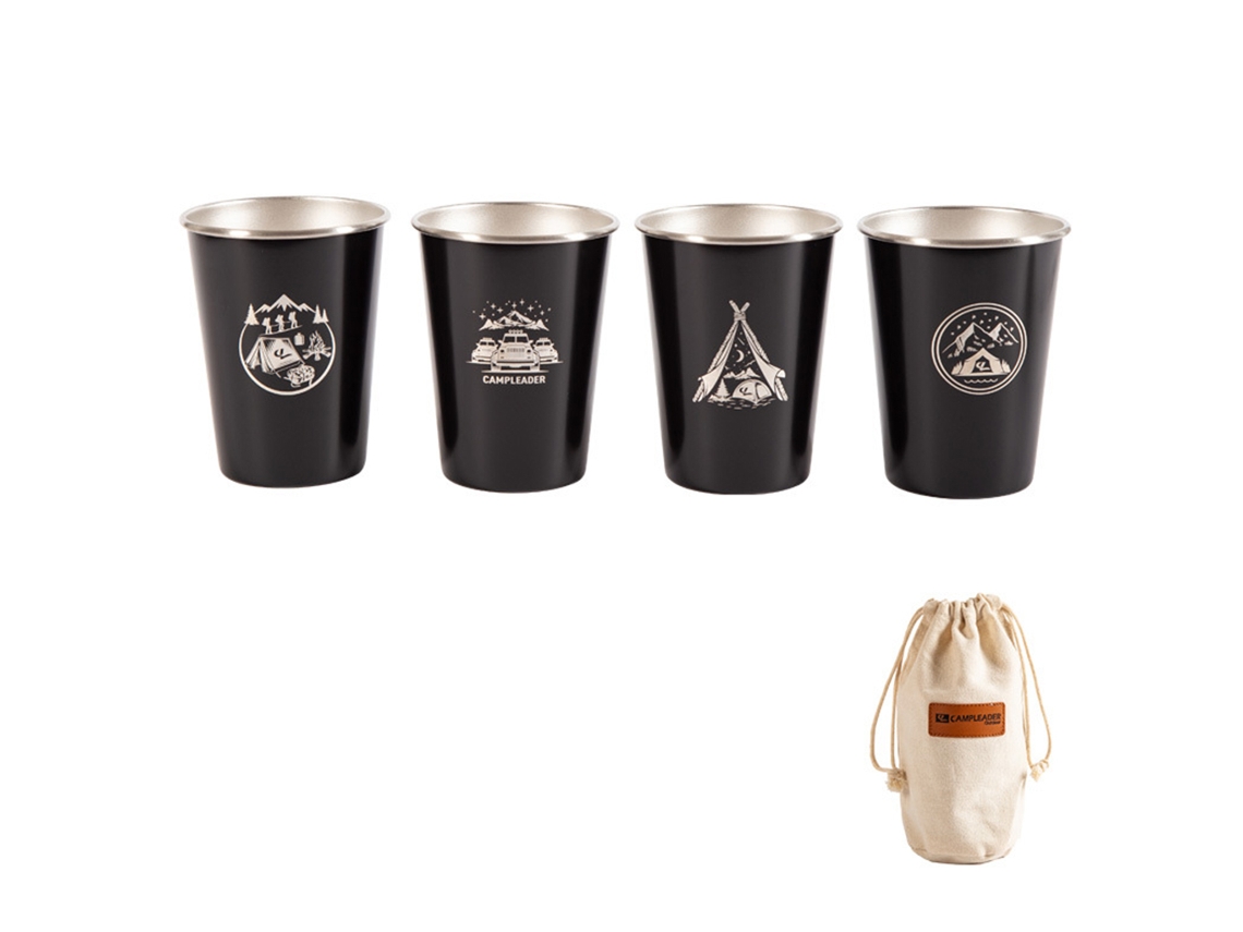 Conjunto de 4 Copos de Vidro em Aço Inoxidável para Camping, Bolsa de Armazenamento, Água e Cerveja AQUAFORGE