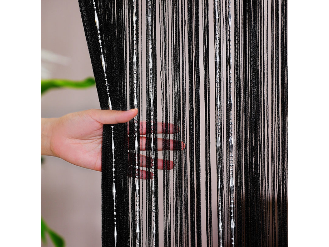 Cortina Decorativa Com Borlas - Cortina De Contas - Separador Para Quarto E Sala - 1x2 M - Poliéster - Preto