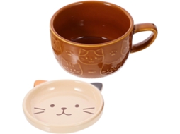 Caneca De Cerâmica Com Desenho De Gato, Tampa E Base De Grande Capacidade.