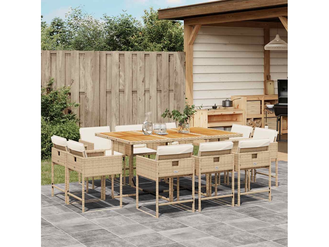 Vidaxl 11 Pcs Conjunto De Jantar P/ Jardim Com Almofadões Vime Pe Bege