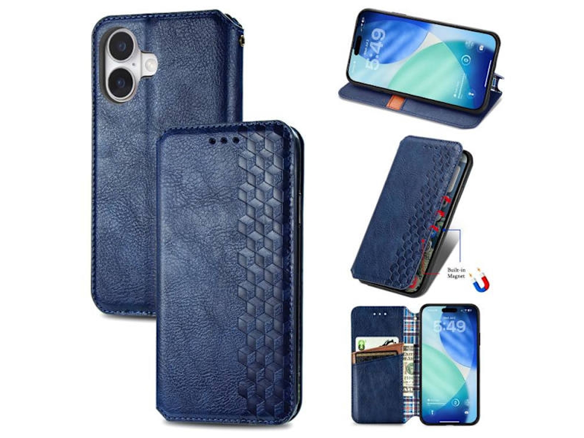 Capa Para Iphone 17 Em Couro Com Estampa Quadriculada E Fecho Magnético, Azul.